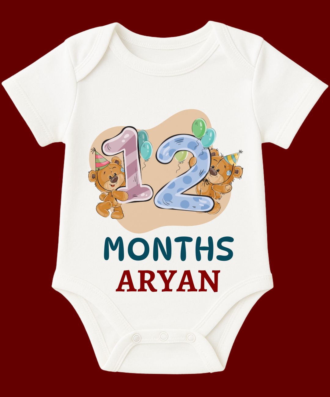 Custom Name - 12 Month Teddy Print Baby Outfit