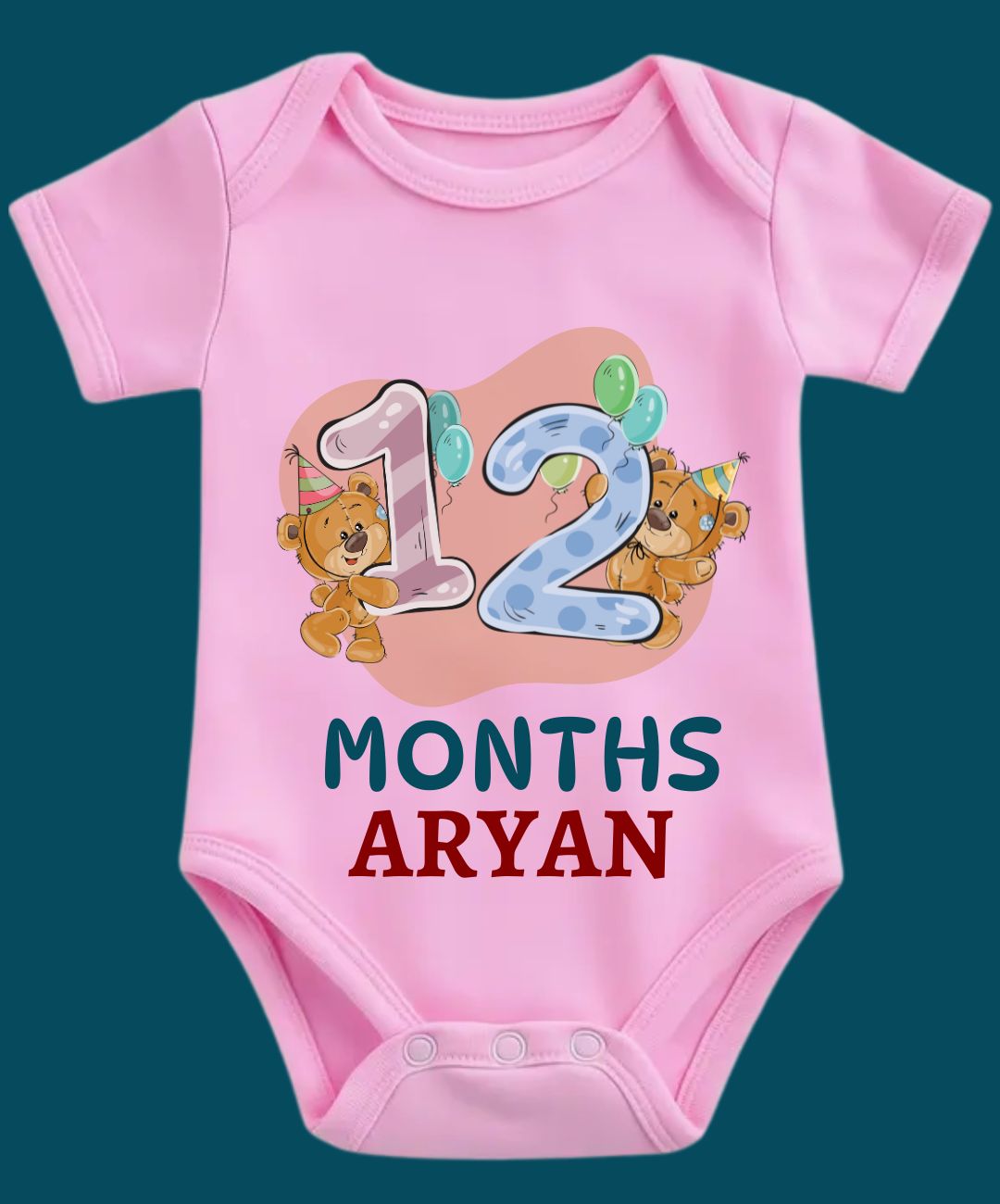 Custom Name - 12 Month Teddy Print Baby Outfit