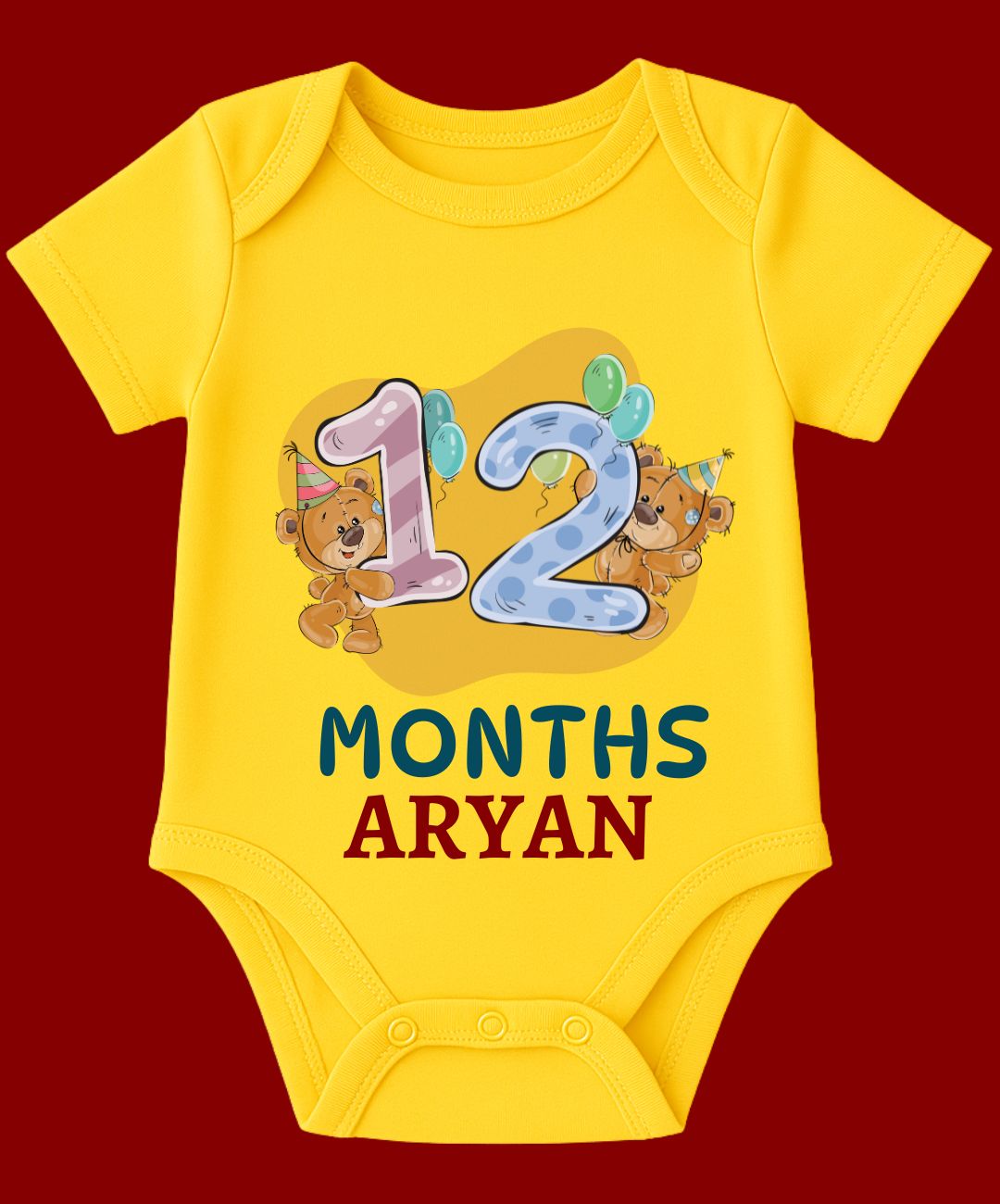 Custom Name - 12 Month Teddy Print Baby Outfit