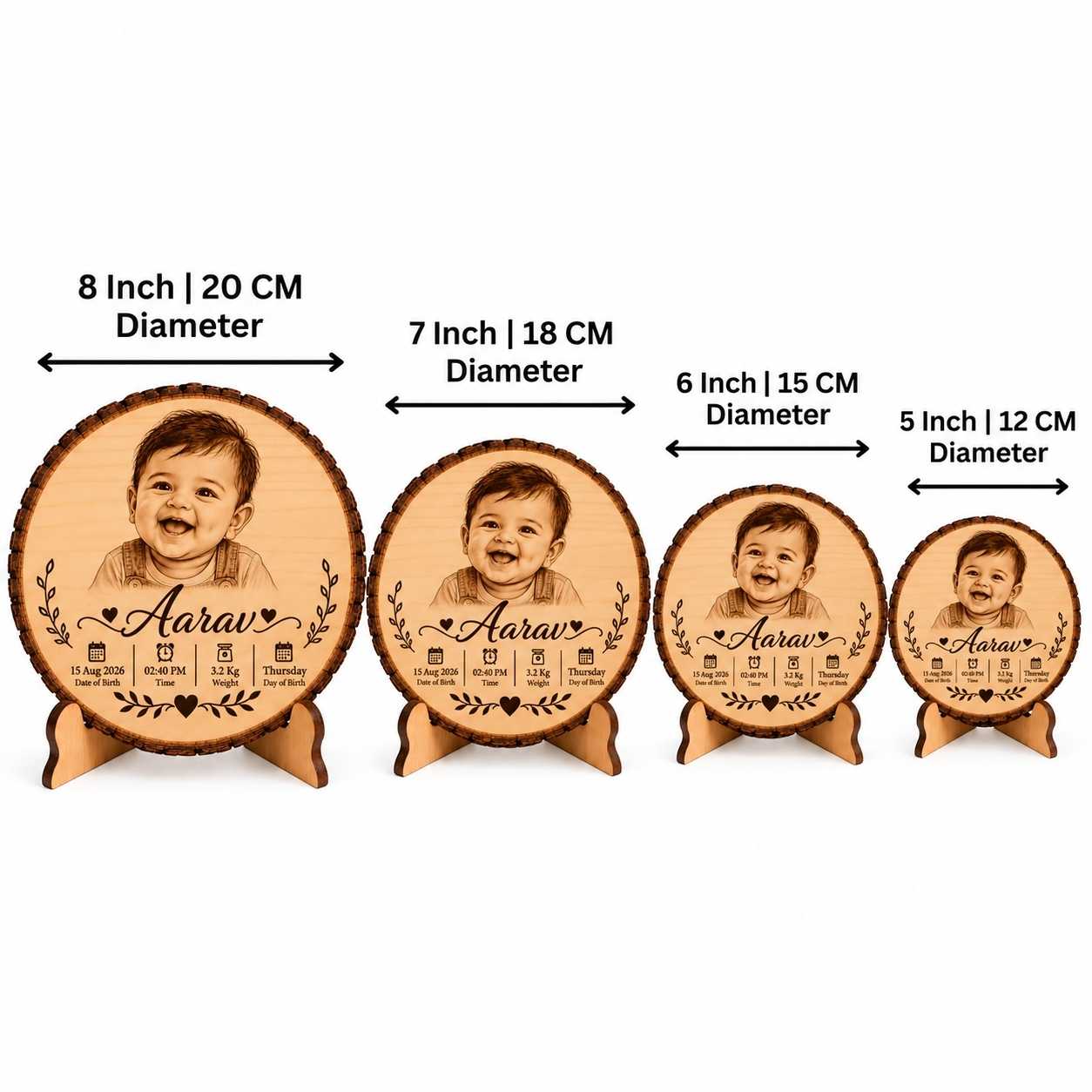 Custom Name - Round Wooden Photo Frame with Baby Details