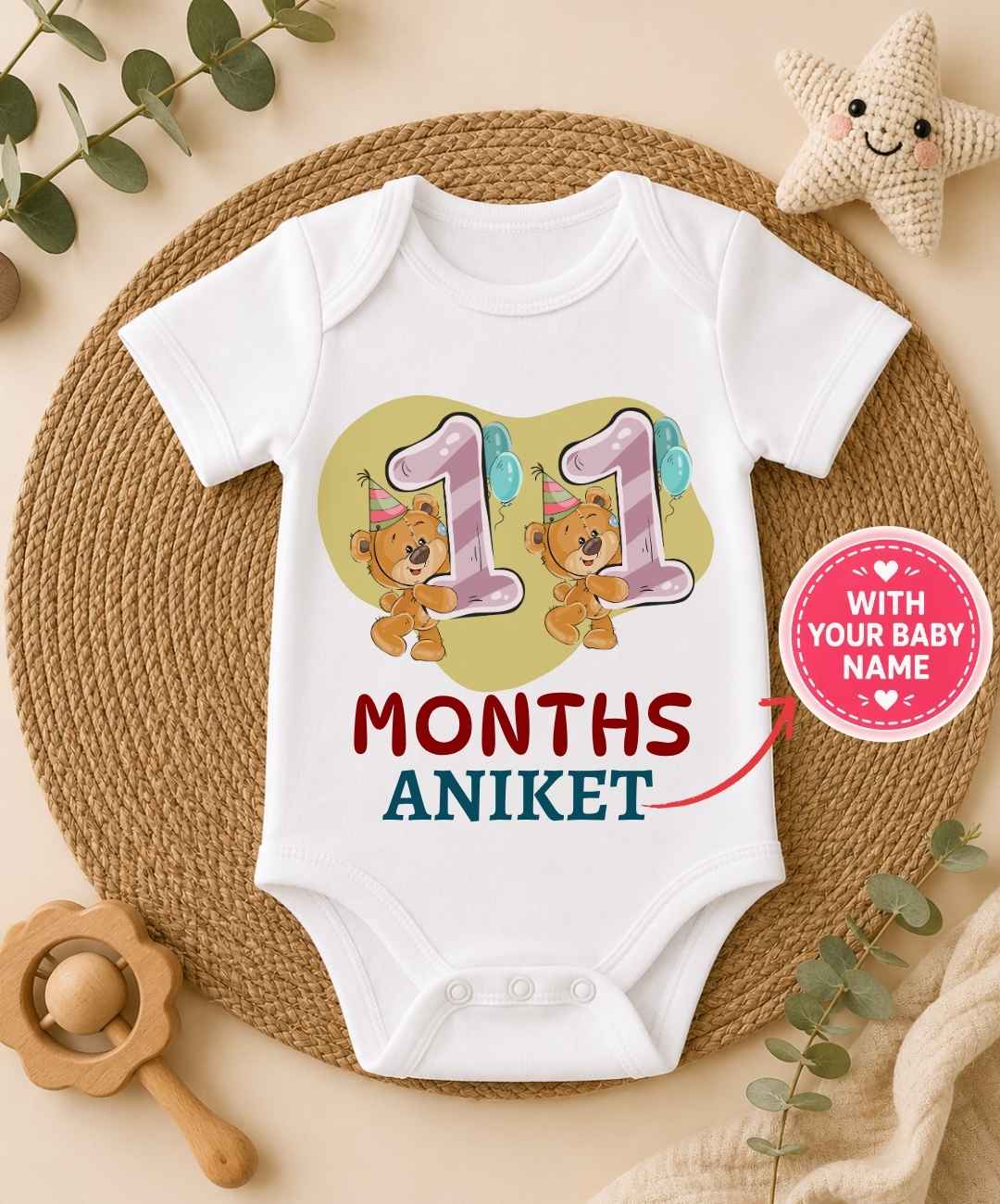 Custom Name - 11 Month Teddy Print Baby Outfit