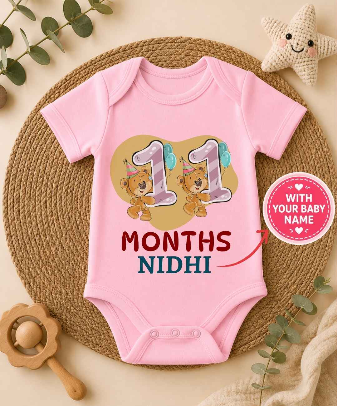 Custom Name - 11 Month Teddy Print Baby Outfit