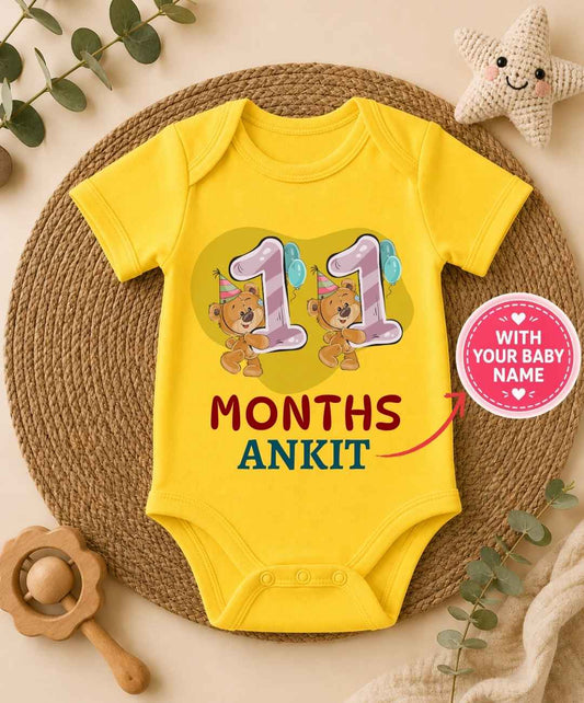 Custom Name - 11 Month Teddy Print Baby Outfit