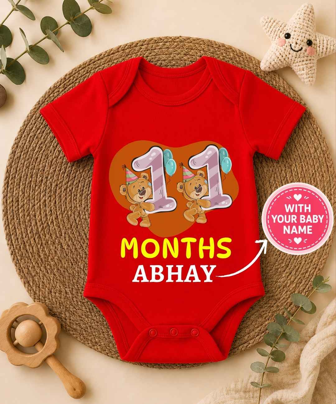 Custom Name - 11 Month Teddy Print Baby Outfit