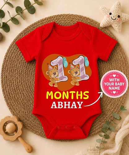 Custom Name - 11 Month Teddy Print Baby Outfit