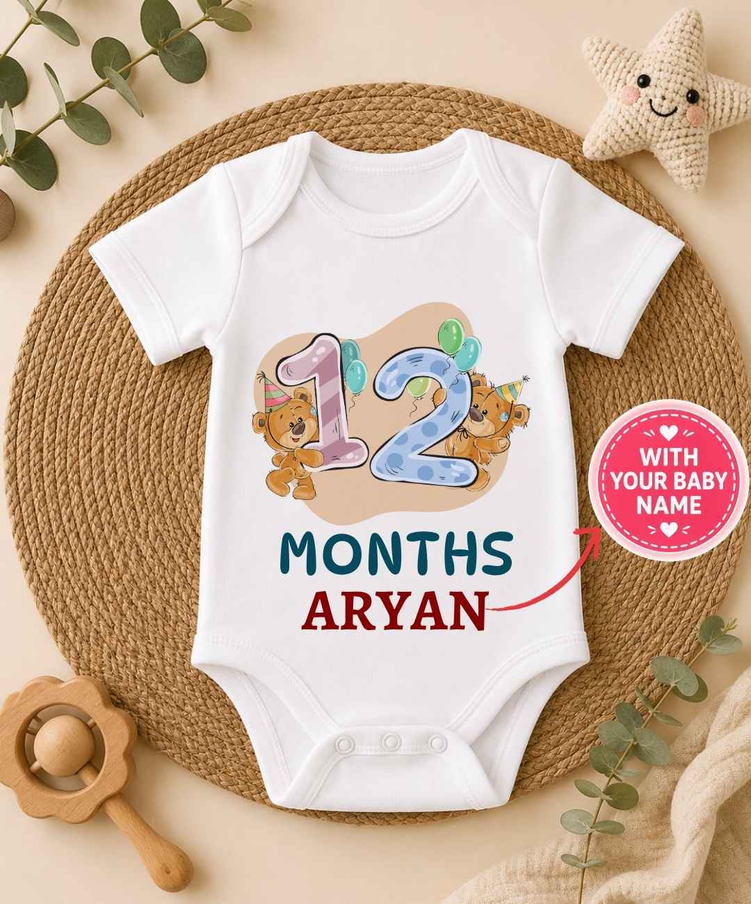 Custom Name - 12 Month Teddy Print Baby Outfit