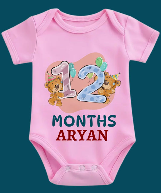 Custom Name - 12 Month Teddy Print Baby Outfit
