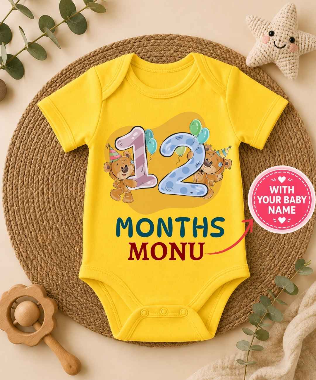 Custom Name - 12 Month Teddy Print Baby Outfit