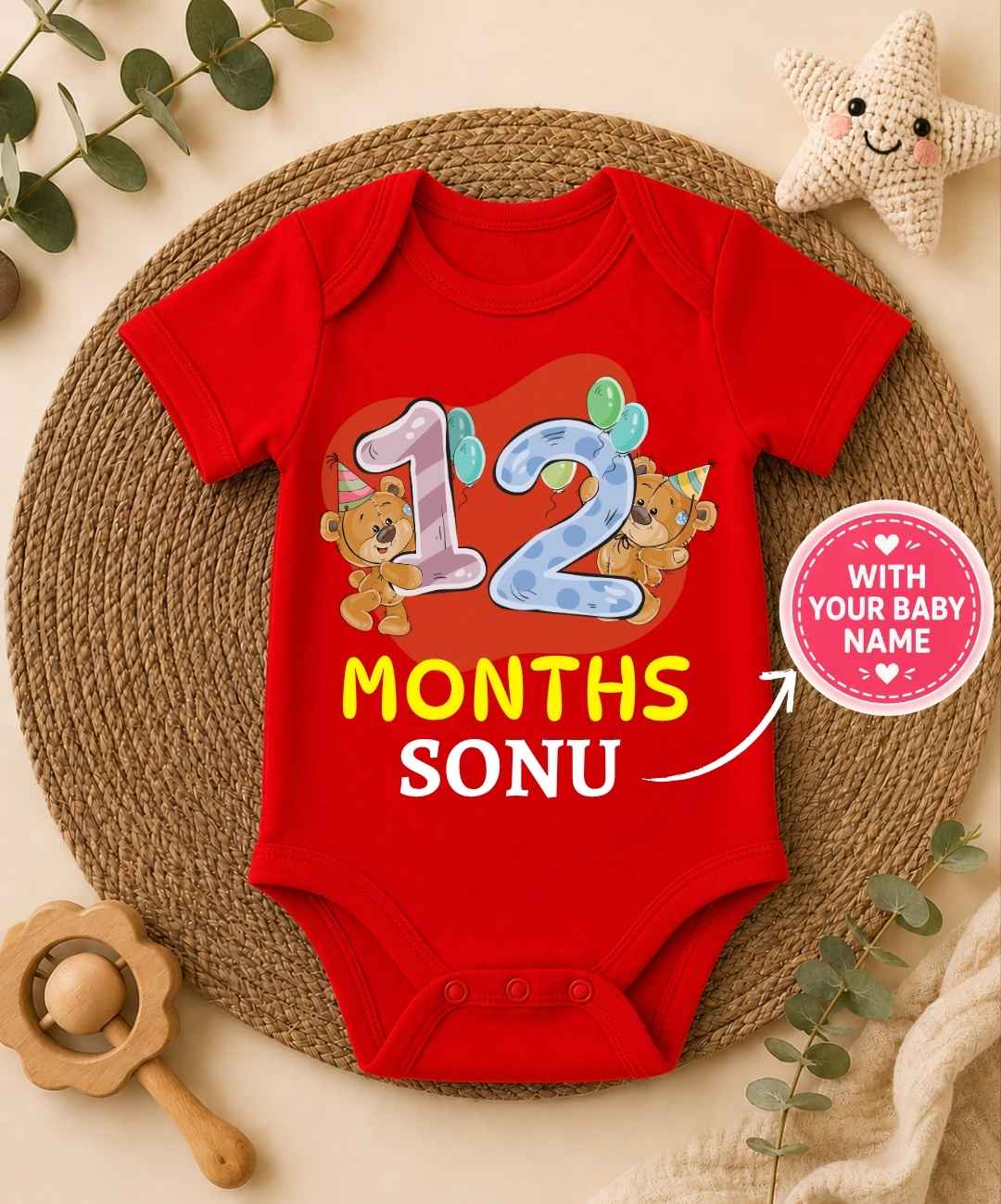 Custom Name - 12 Month Teddy Print Baby Outfit