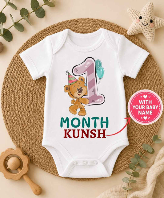 Custom Name - 1 Month Teddy Design Baby Outfit
