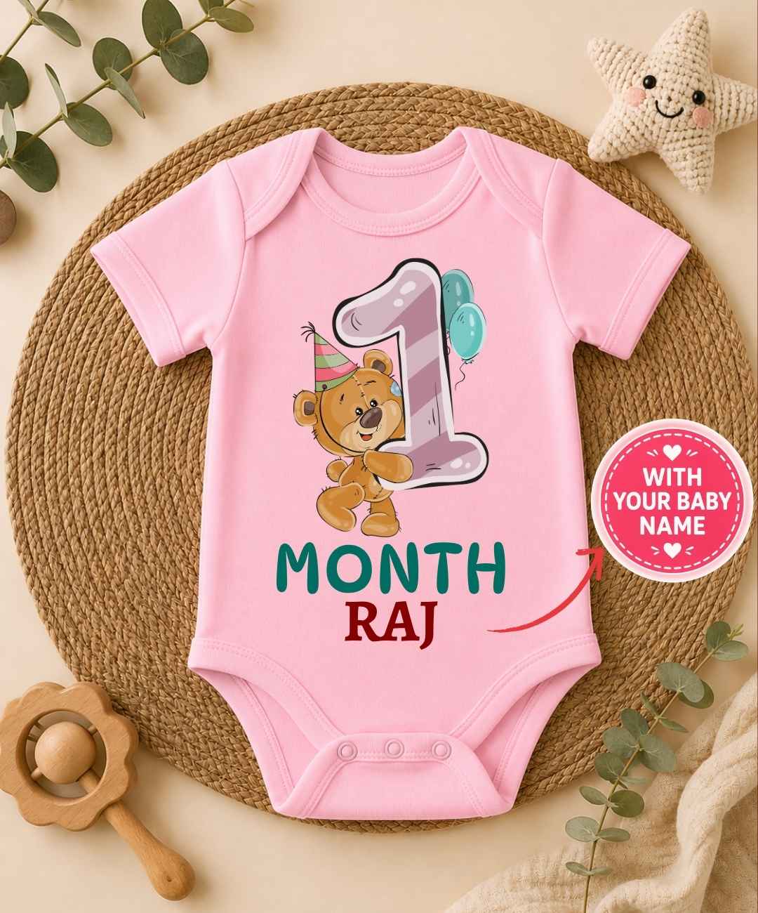 Custom Name - 1 Month Teddy Design Baby Outfit