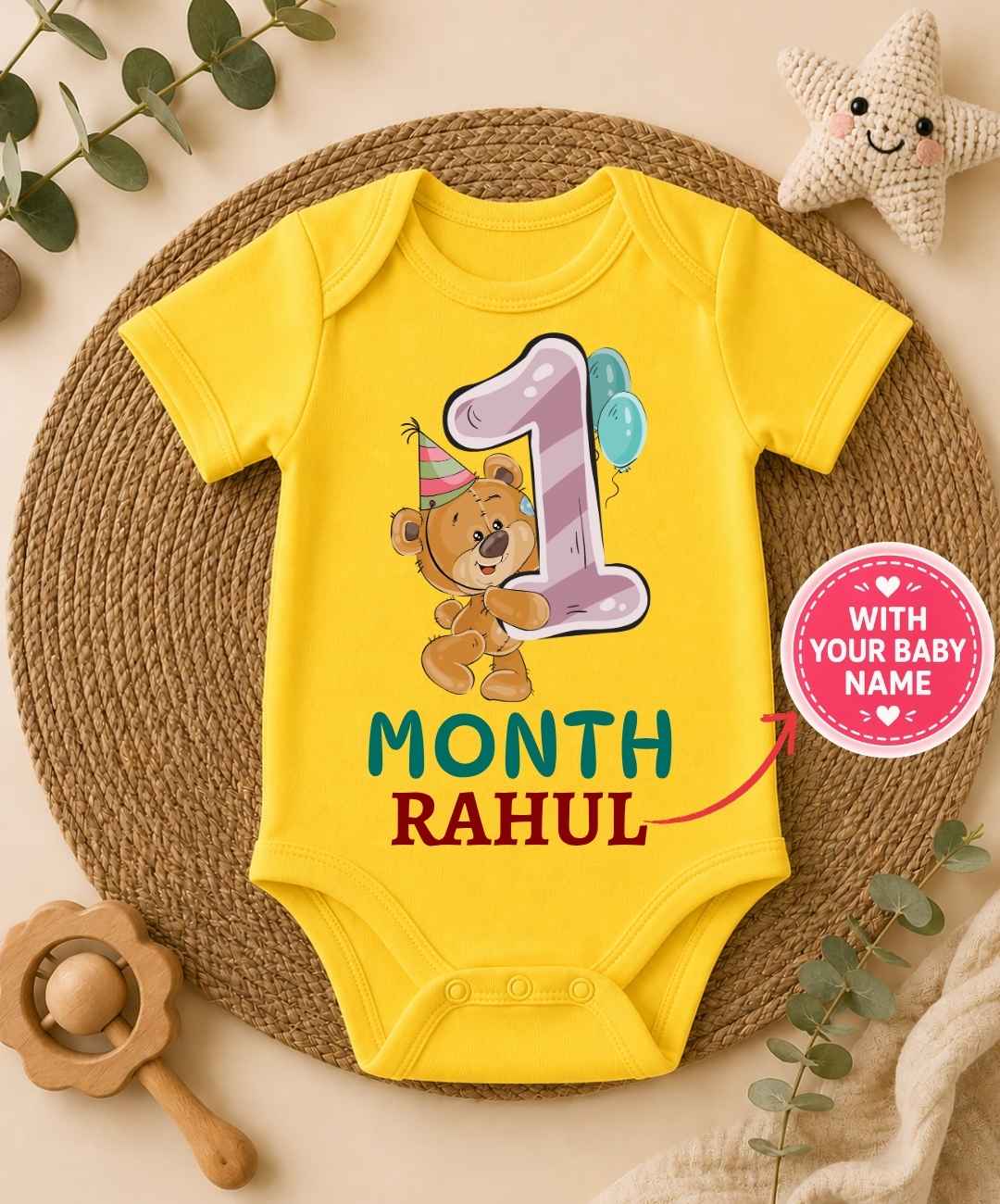 Custom Name - 1 Month Teddy Design Baby Outfit