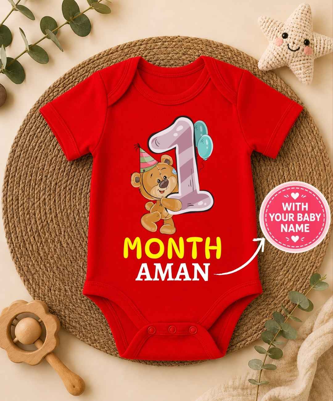 Custom Name - 1 Month Teddy Design Baby Outfit