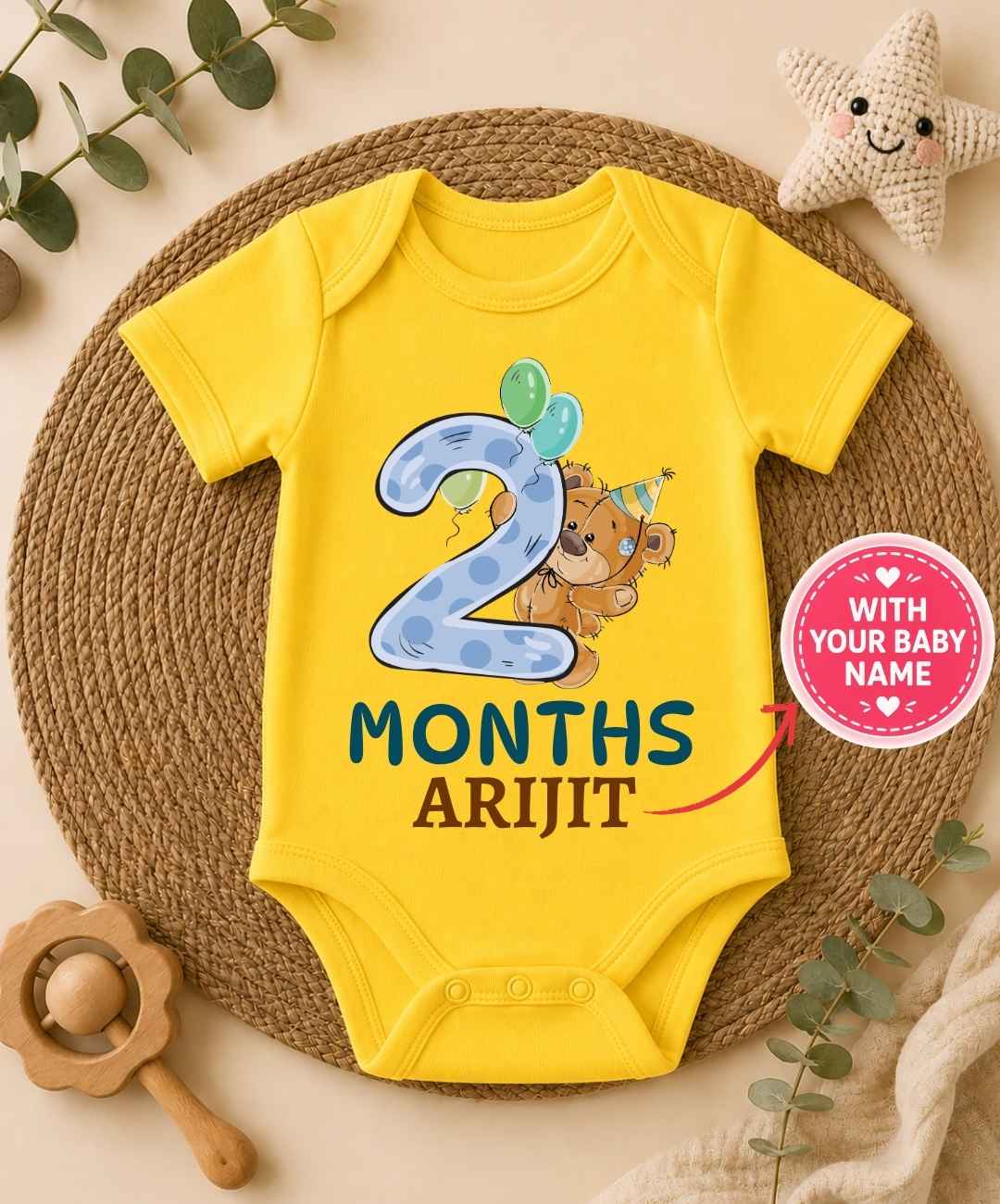 Custom Name - 2 Month Teddy Design Baby Outfit