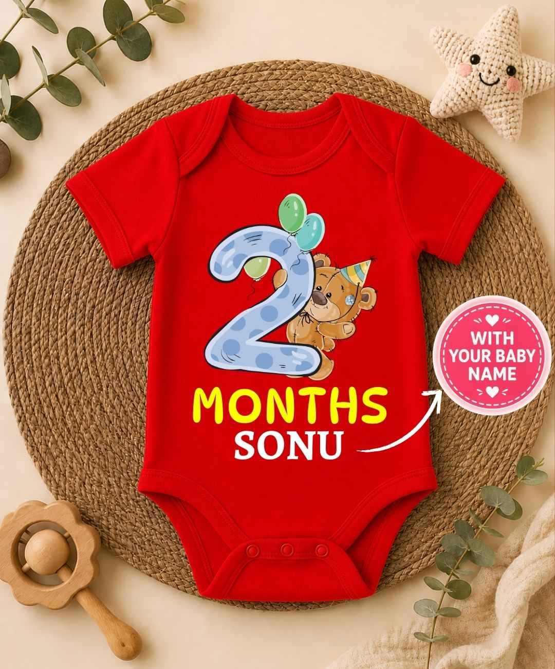 Custom Name - 2 Month Teddy Design Baby Outfit