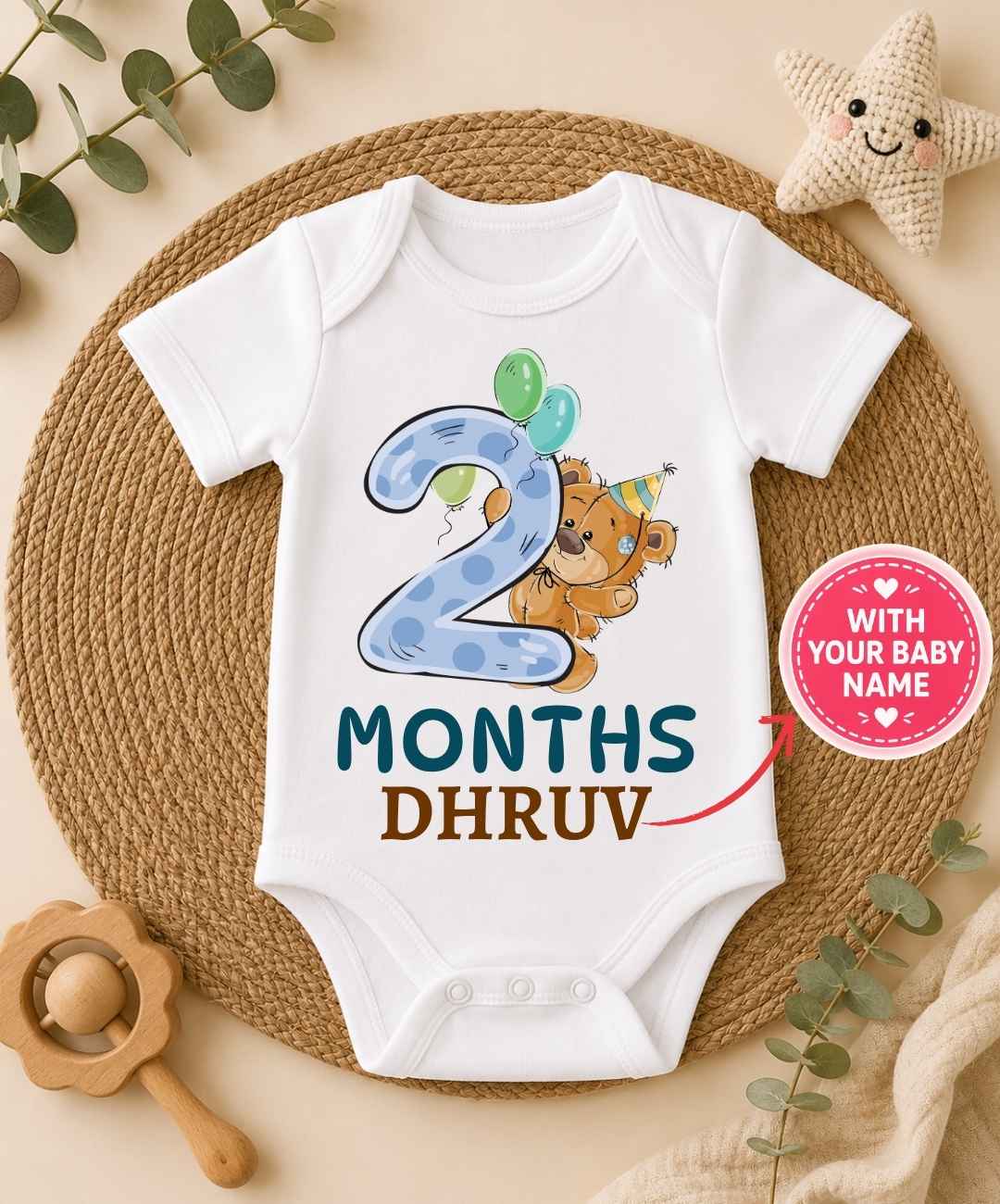 Custom Name - 2 Month Teddy Design Baby Outfit