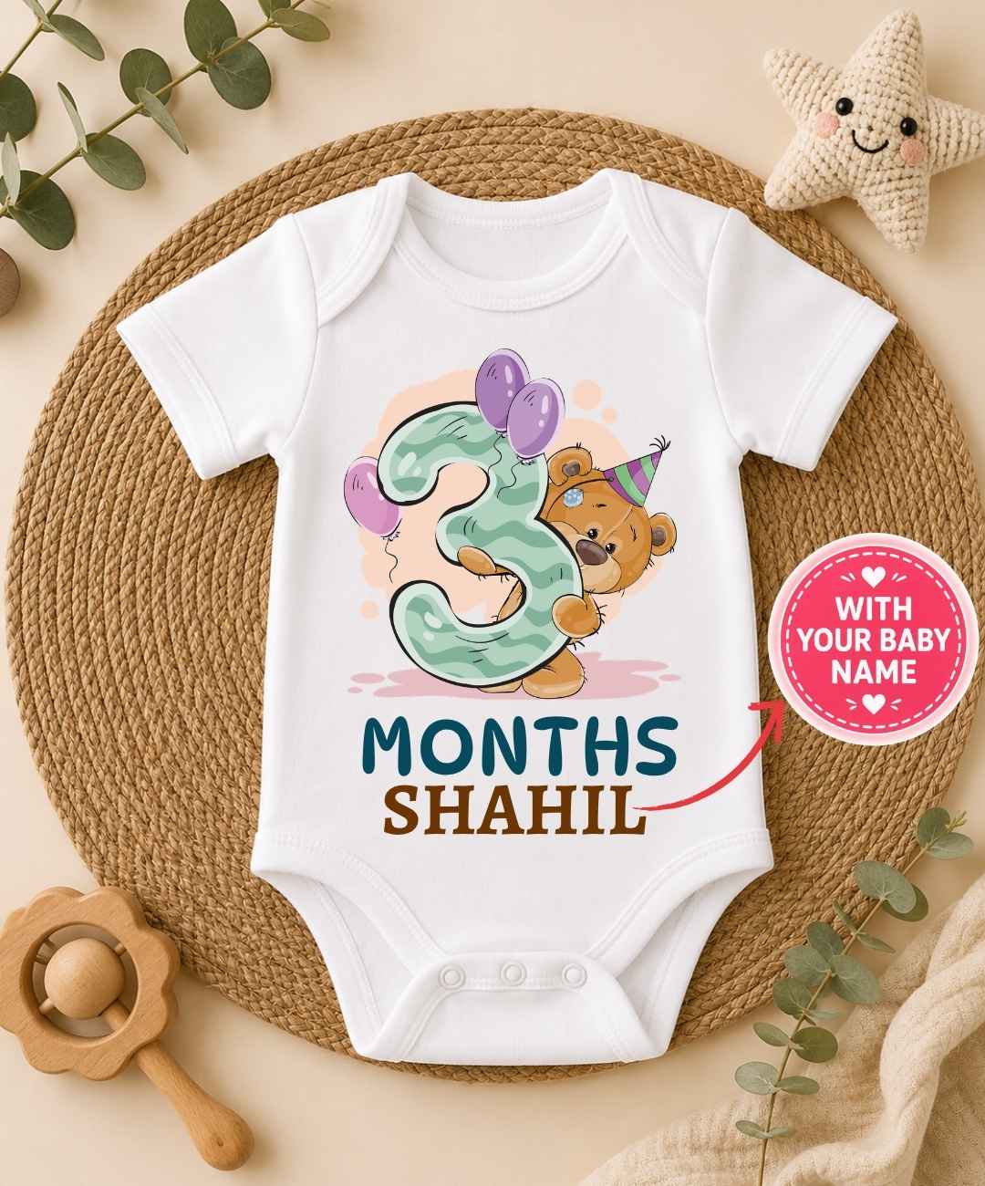 Custom Name - 3 Month Teddy Design Baby Outfit