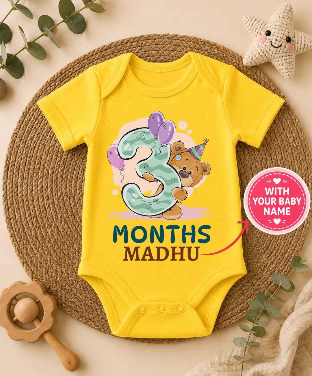 Custom Name - 3 Month Teddy Design Baby Outfit