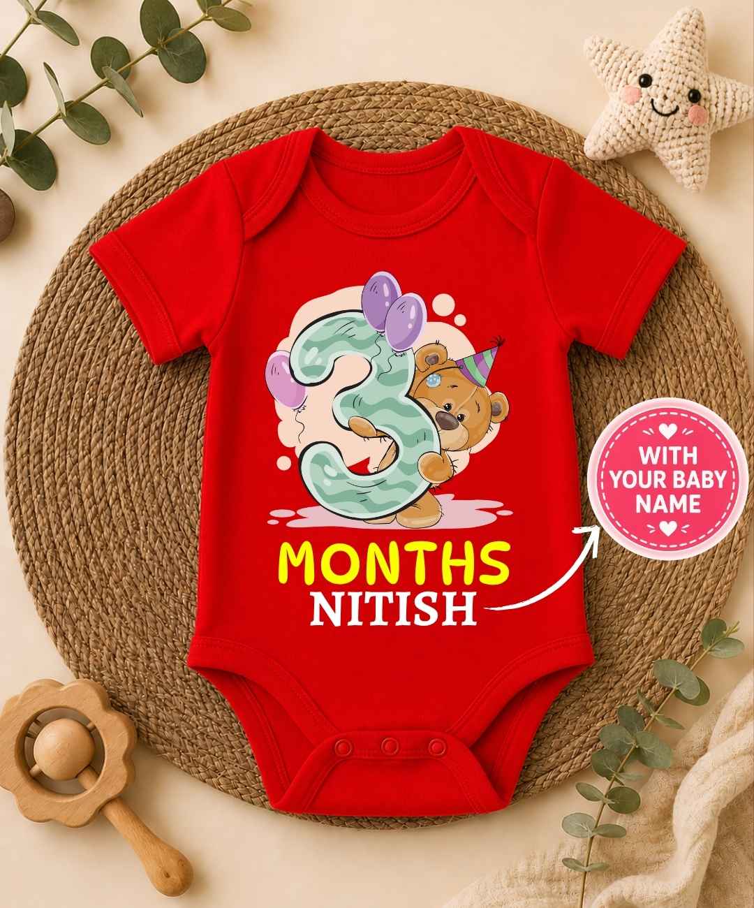 Custom Name - 3 Month Teddy Design Baby Outfit