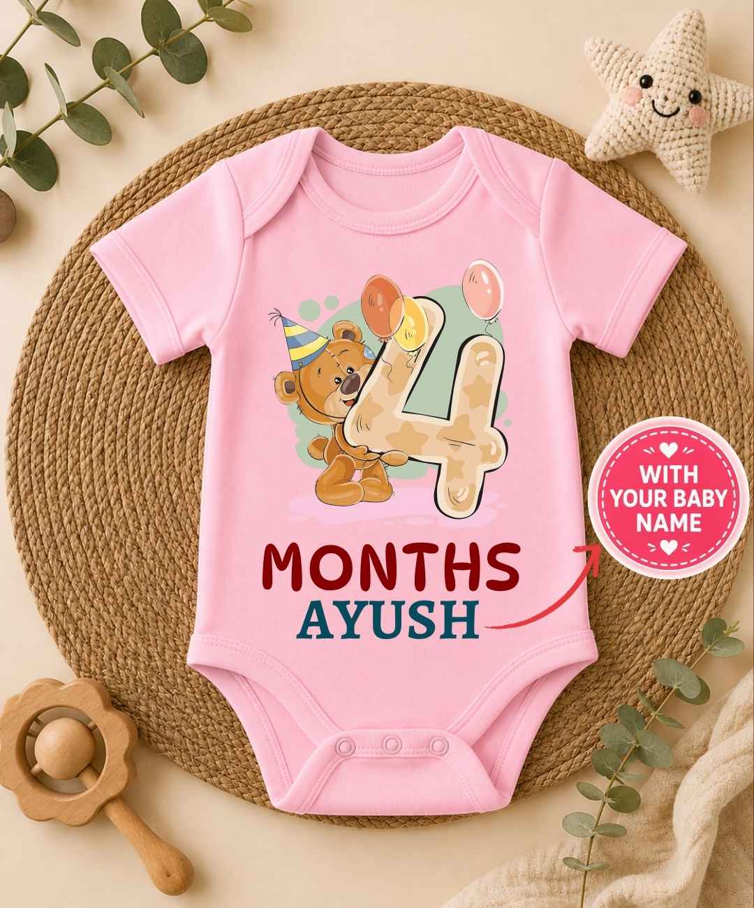Custom Name - 4 Month Teddy Design Baby Outfit