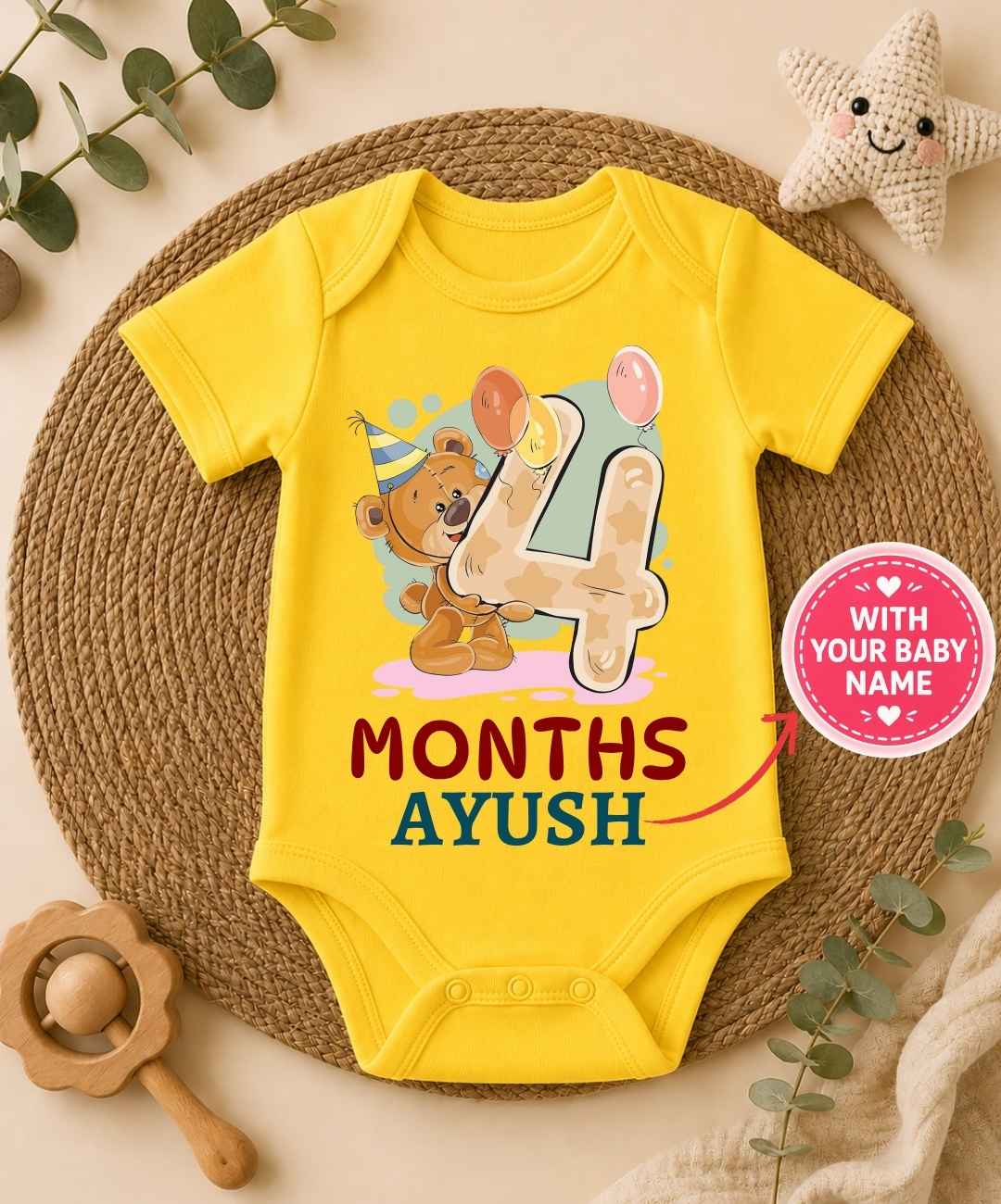 Custom Name - 4 Month Teddy Design Baby Outfit