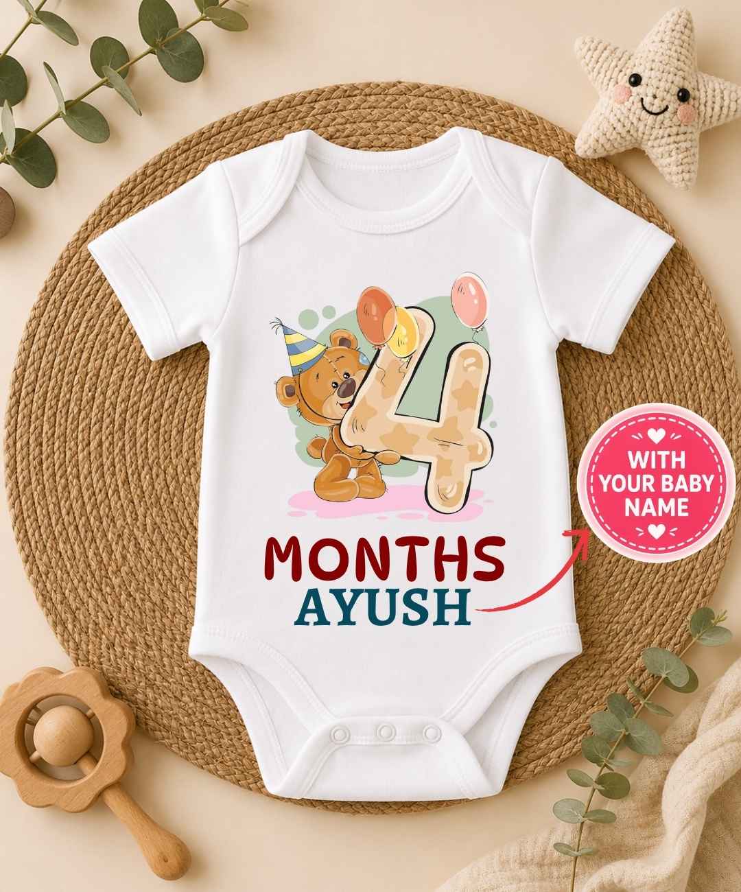 Custom Name - 4 Month Teddy Design Baby Outfit