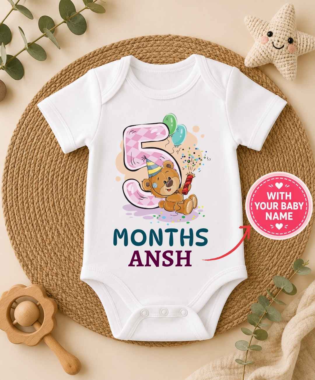 Custom Name - 5 Month Teddy Design Baby Outfit