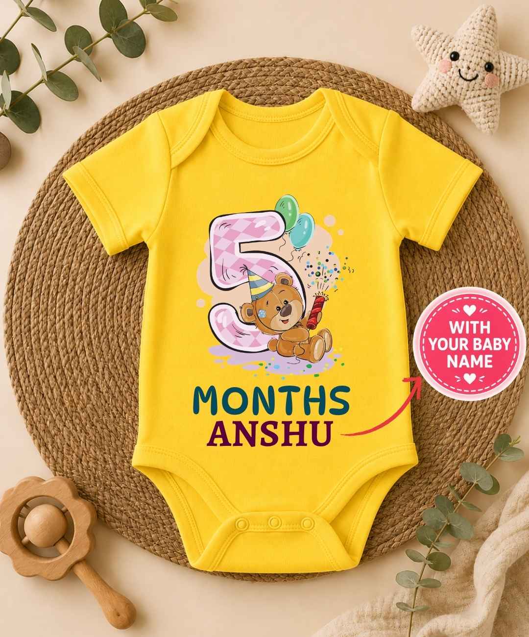 Custom Name - 5 Month Teddy Design Baby Outfit
