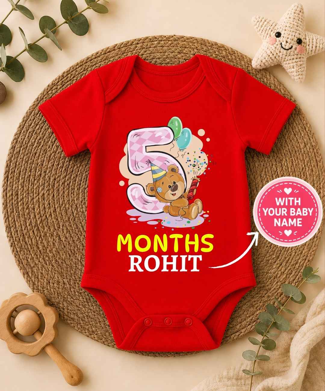 Custom Name - 5 Month Teddy Design Baby Outfit