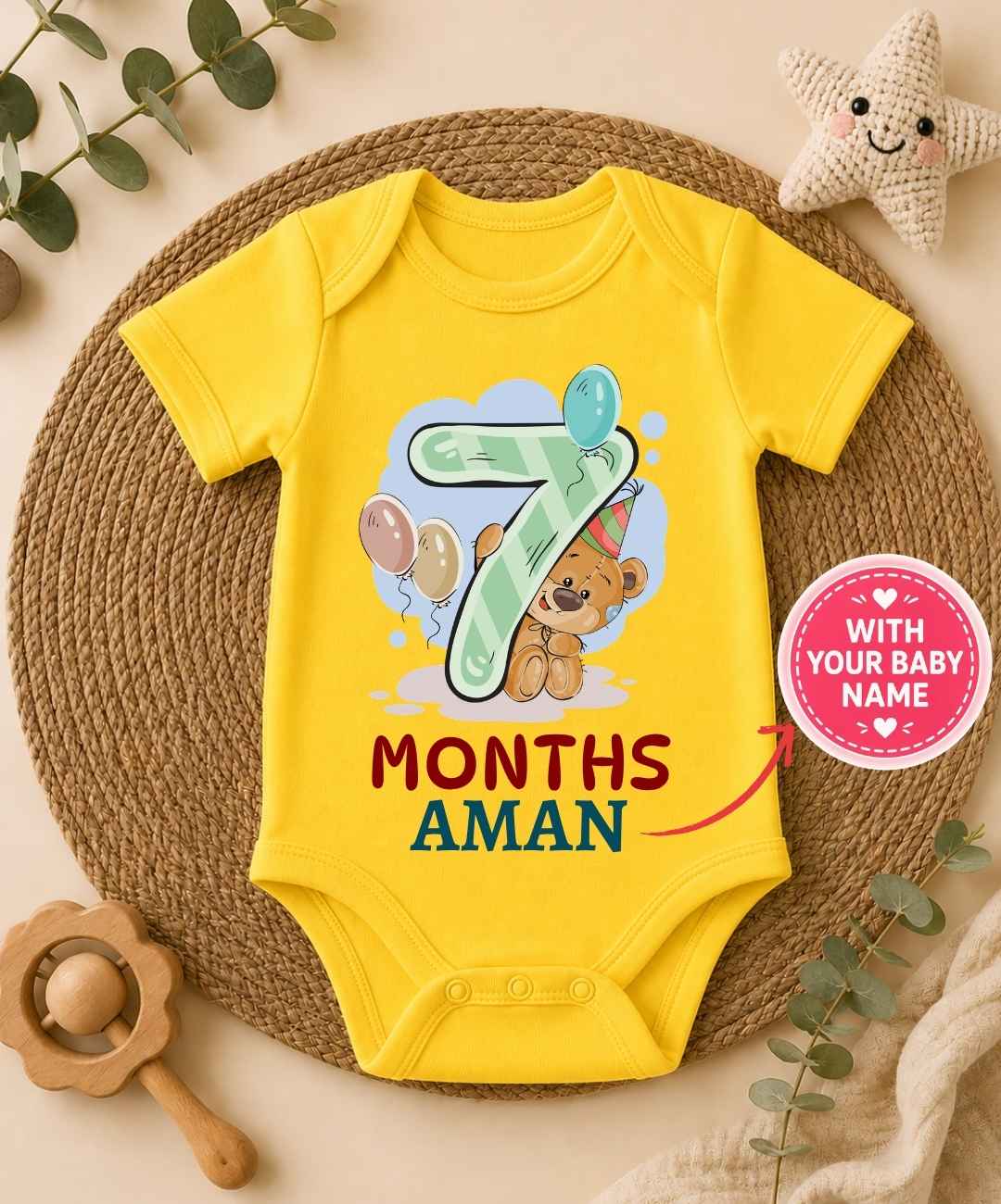 Custom Name - 7 Month Teddy Design Baby Outfit