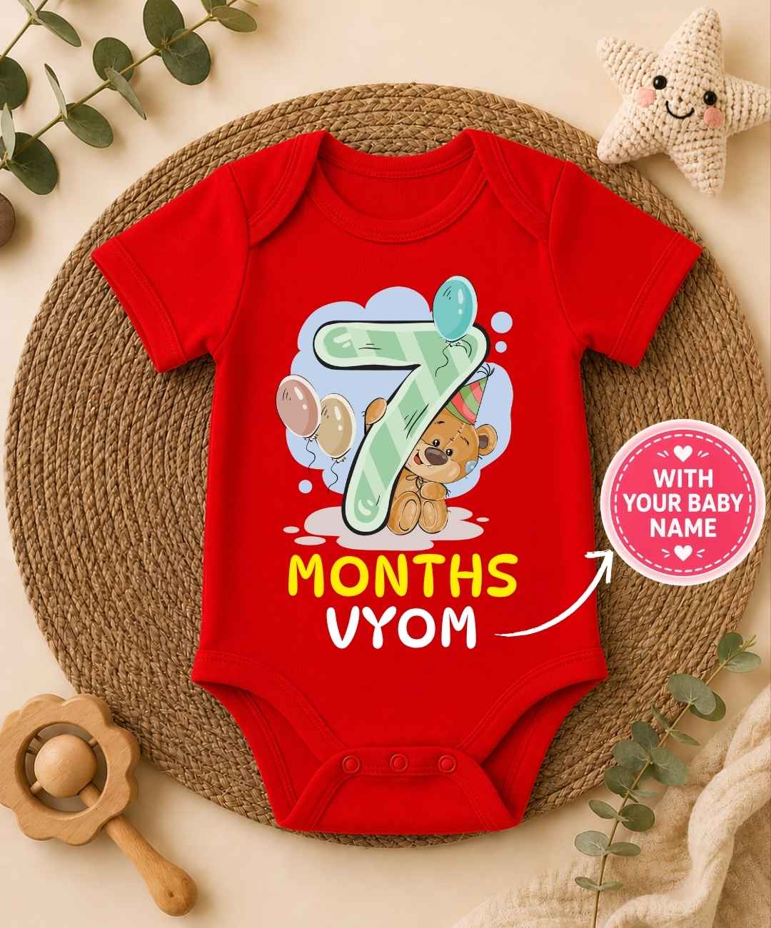 Custom Name - 7 Month Teddy Design Baby Outfit