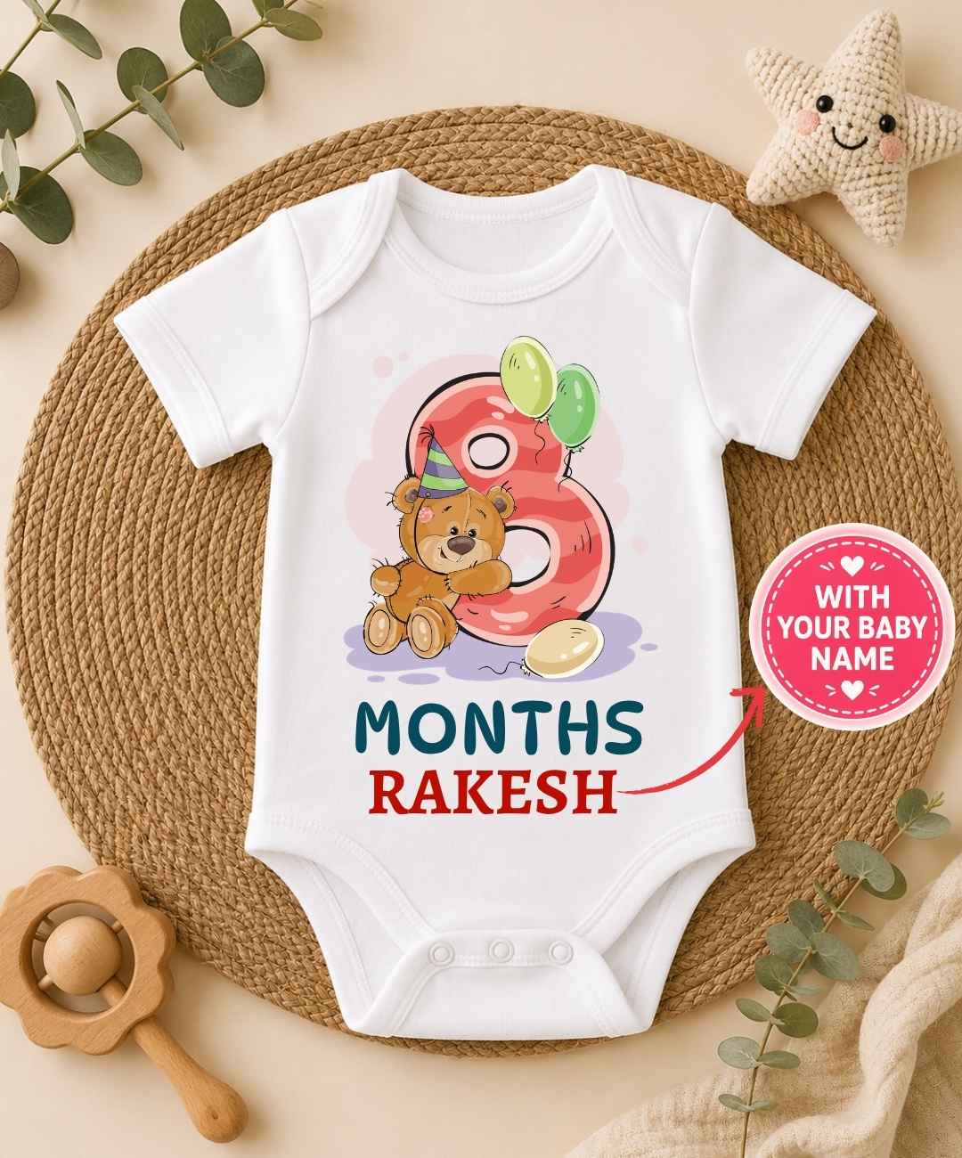 Custom Name - 8 Month Teddy Design Baby Outfit