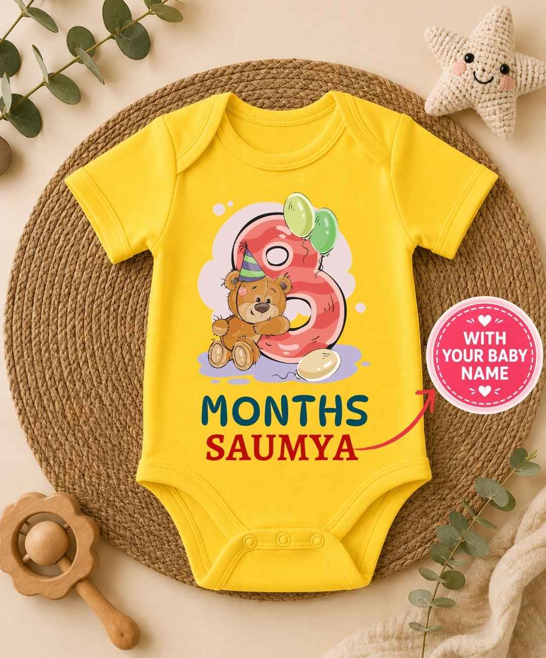 Custom Name - 8 Month Teddy Design Baby Outfit