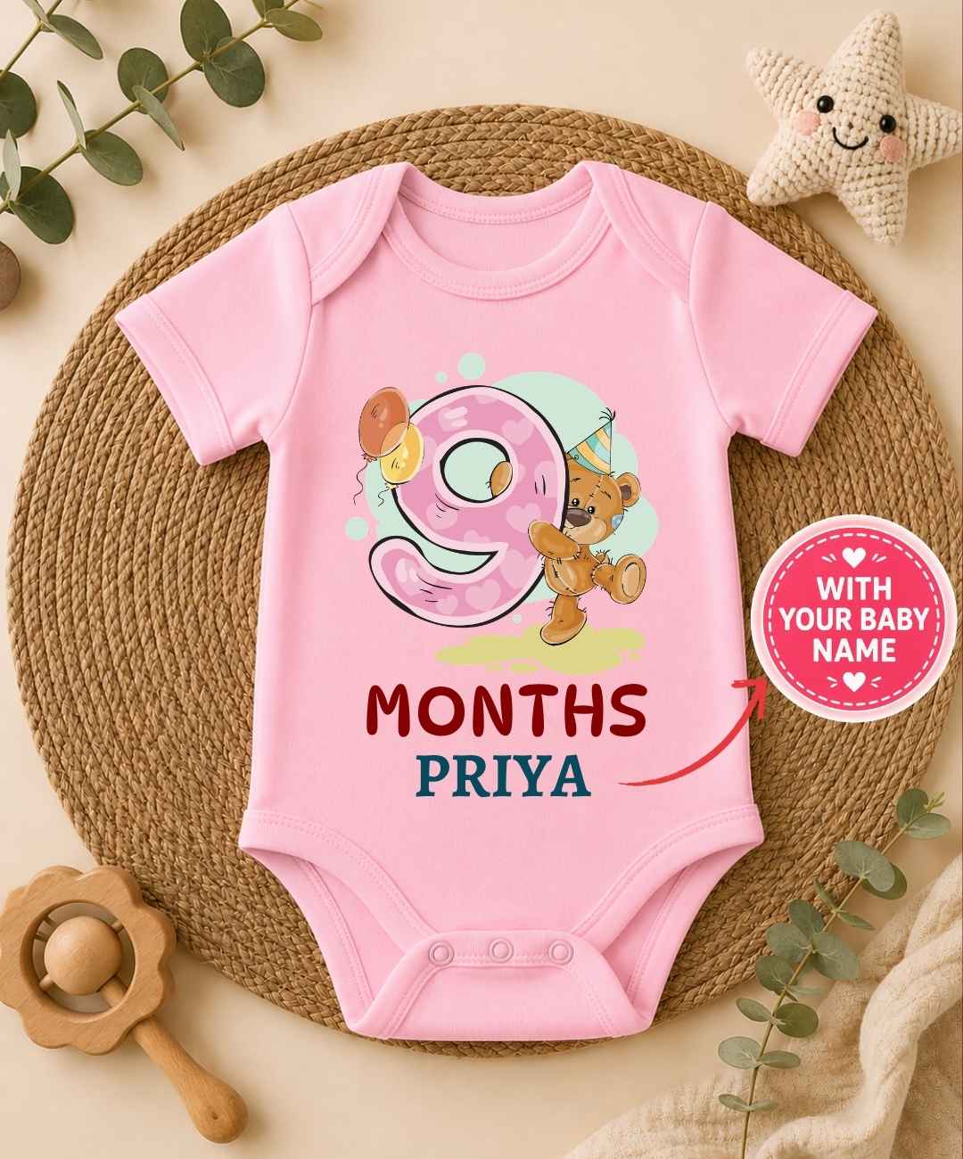 Custom Name - 9 Month Teddy Design Baby Outfit