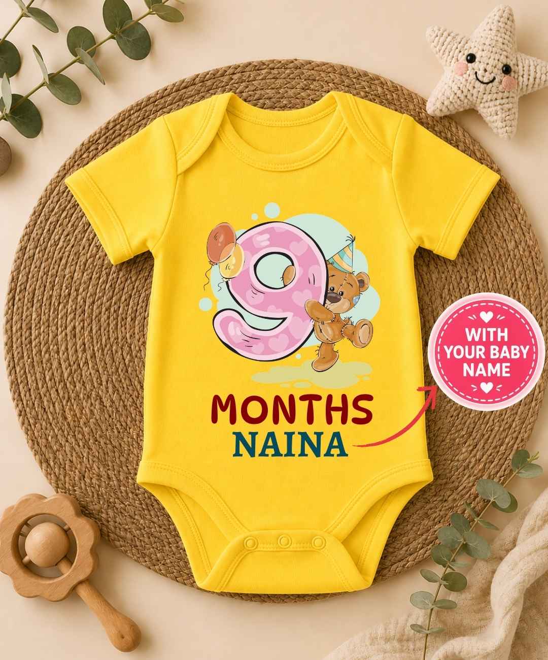 Custom Name - 9 Month Teddy Design Baby Outfit
