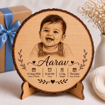 Custom Name - Round Wooden Photo Frame with Baby Details