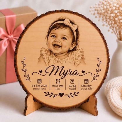 Custom Name - Round Wooden Photo Frame with Baby Details