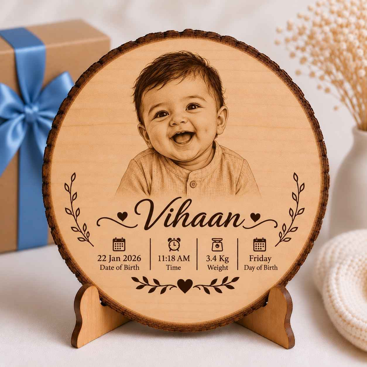 Custom Name - Round Wooden Photo Frame with Baby Details