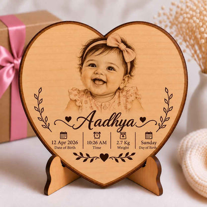 Custom Name - Heart Wooden Photo Frame with Baby Details
