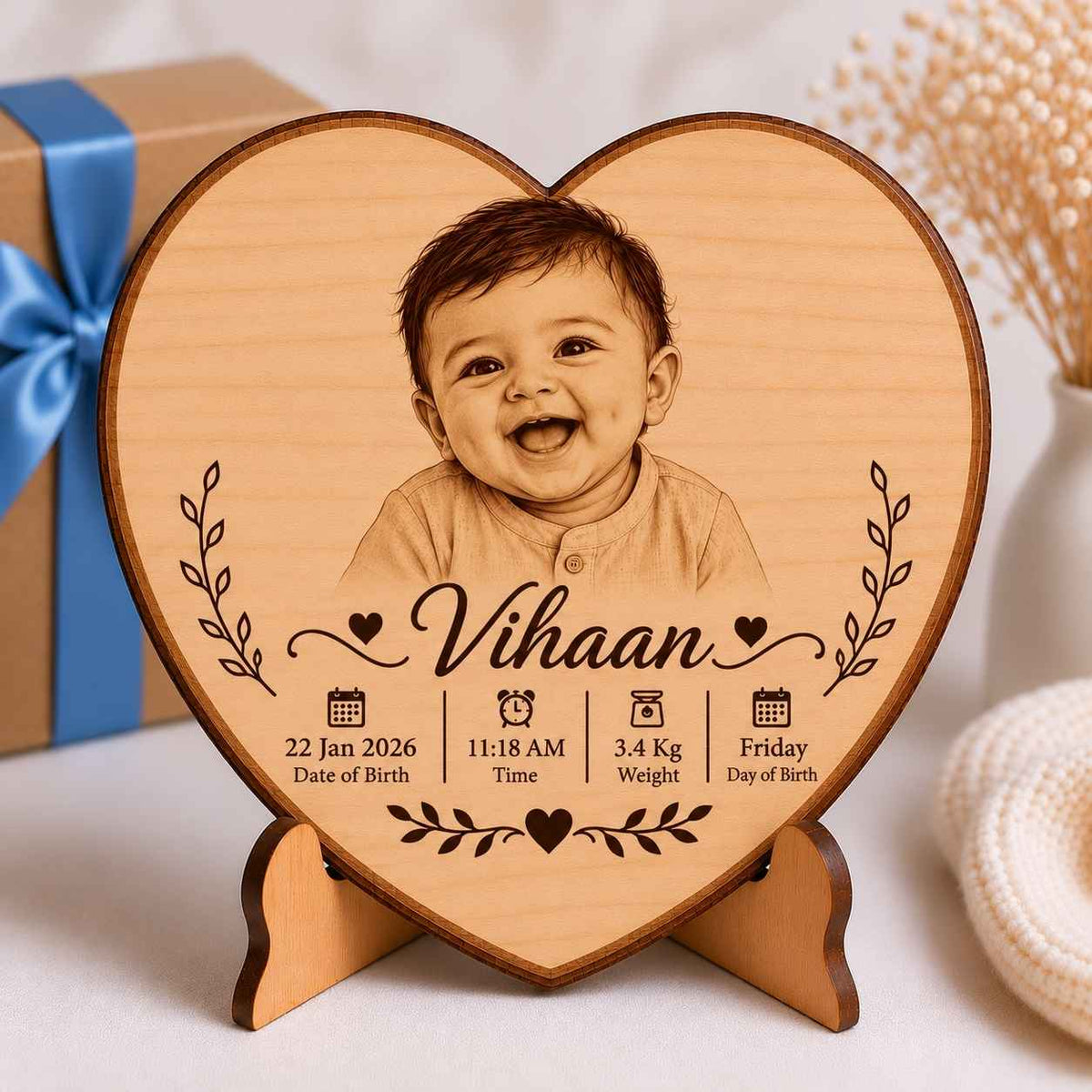 Custom Name - Heart Wooden Photo Frame with Baby Details
