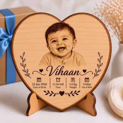 Custom Name - Heart Wooden Photo Frame with Baby Details
