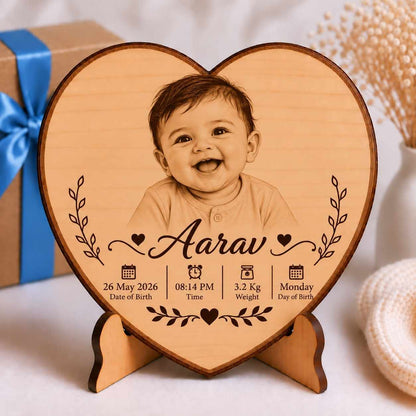 Custom Name - Heart Wooden Photo Frame with Baby Details