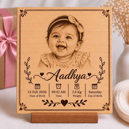 Custom Name - Rectangular Wooden Photo Frame with Baby Details