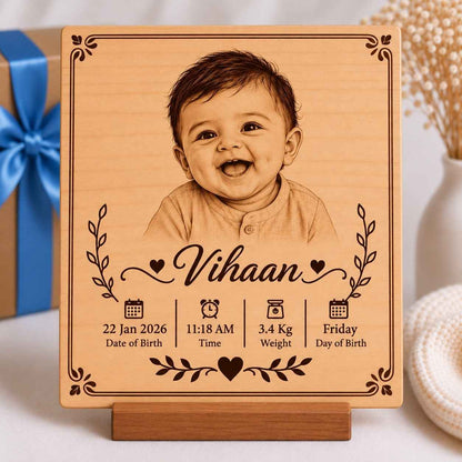 Custom Name - Rectangular Wooden Photo Frame with Baby Details