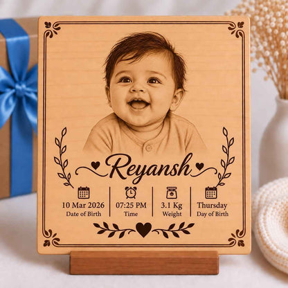Custom Name - Rectangular Wooden Photo Frame with Baby Details