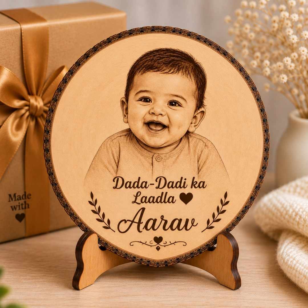 Custom Name - Round Wooden Photo Frame with Photo & Message