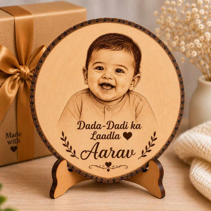 Custom Name - Round Wooden Photo Frame with Photo & Message