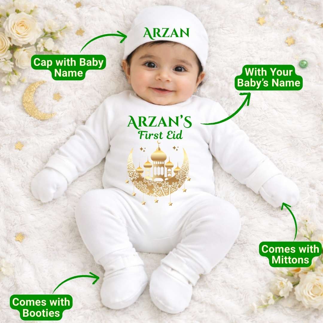 Custom Name - First Eid Special Baby Full Sleeves Romper + Cap + Mittens + Booties