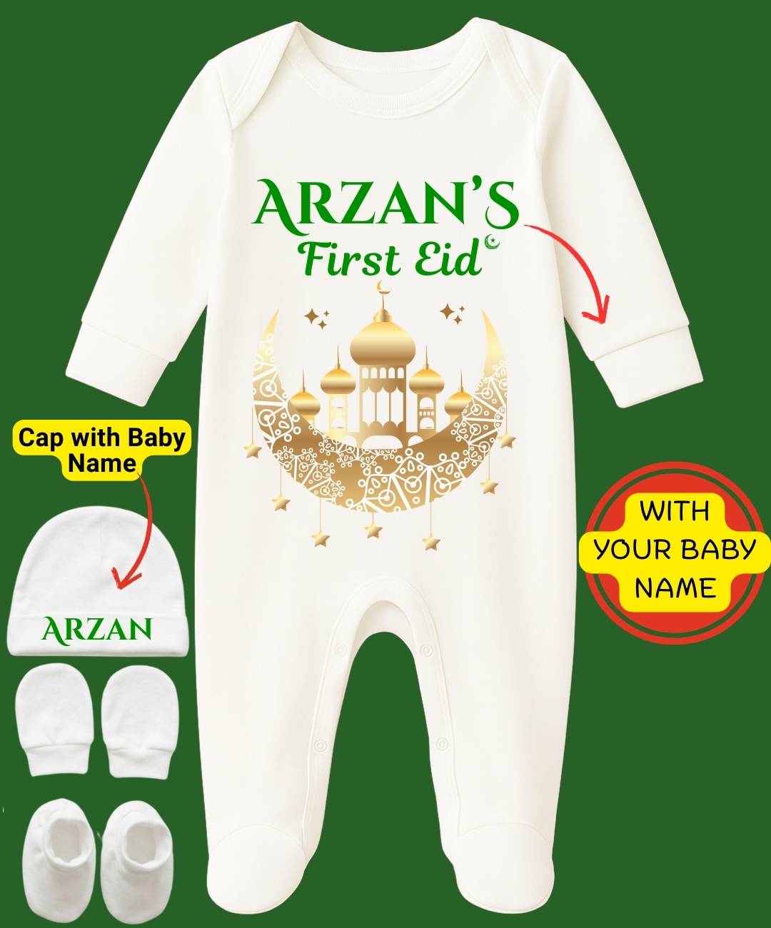 Custom Name - First Eid Special Baby Full Sleeves Romper + Cap + Mittens + Booties