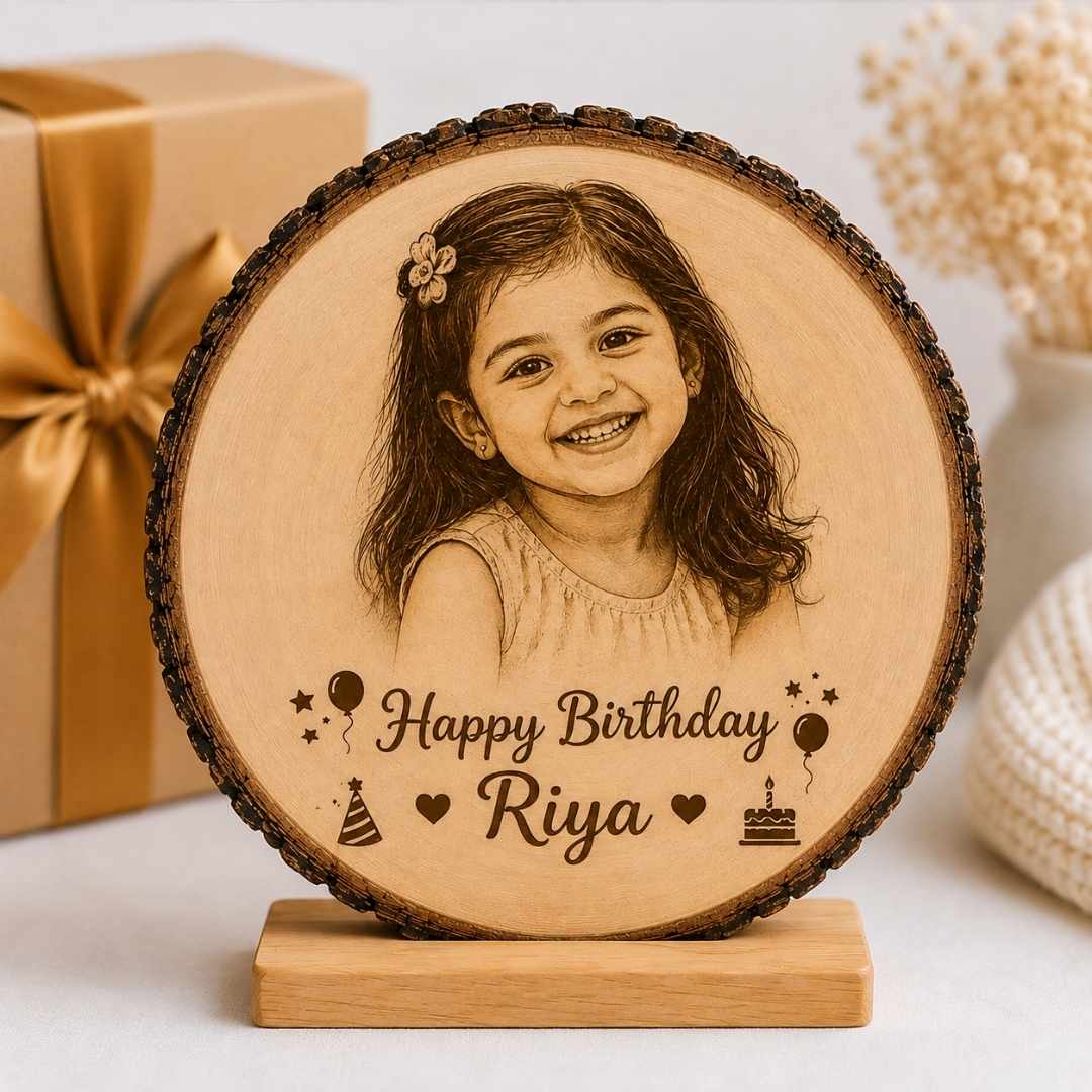 Custom Name - Round Wooden Photo Frame with Photo & Message